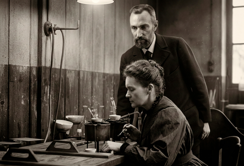 Pierre and Marie Curie trabalhando em seu laboratório
